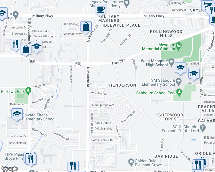 map of restaurants, bars, coffee shops, grocery stores, and more near 2716 Briarbank Circle in Dallas