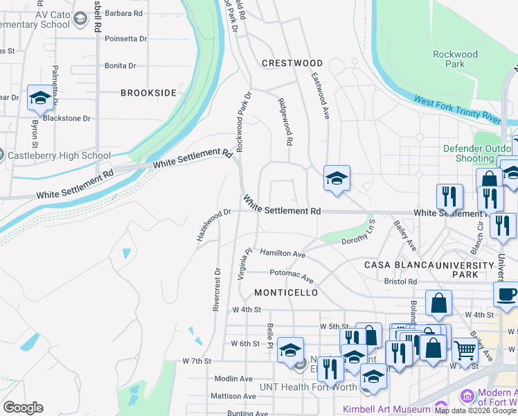 map of restaurants, bars, coffee shops, grocery stores, and more near 3900 White Settlement Road in Fort Worth