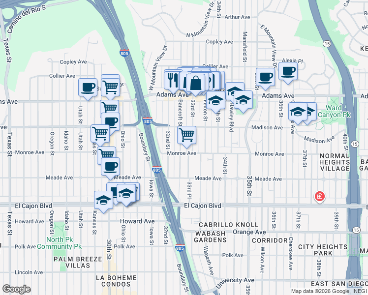 map of restaurants, bars, coffee shops, grocery stores, and more near 4550 33rd Street in San Diego