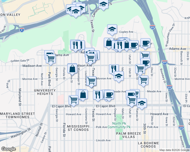 map of restaurants, bars, coffee shops, grocery stores, and more near 4546 Arizona Street in San Diego