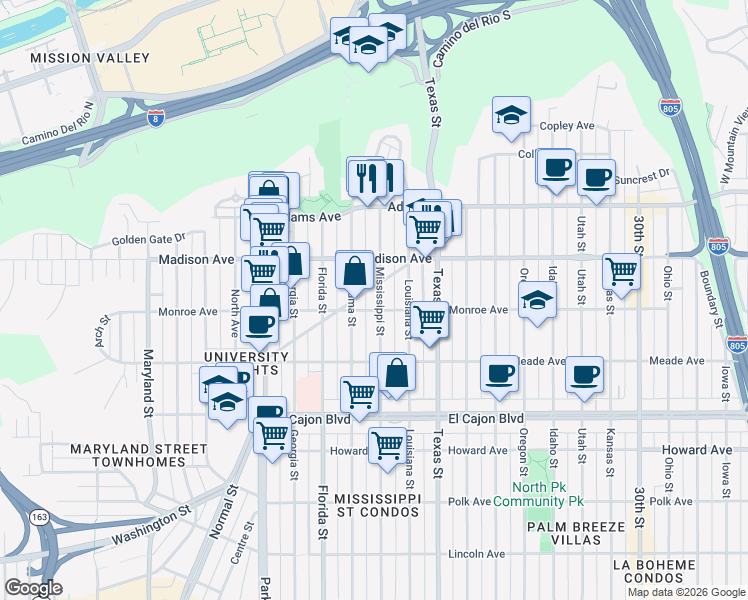 map of restaurants, bars, coffee shops, grocery stores, and more near 4520 Mississippi Street in San Diego