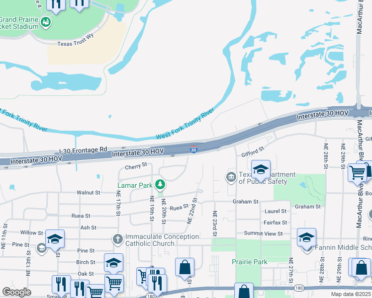 map of restaurants, bars, coffee shops, grocery stores, and more near Interstate 30 High Occupancy Vehicle in Grand Prairie