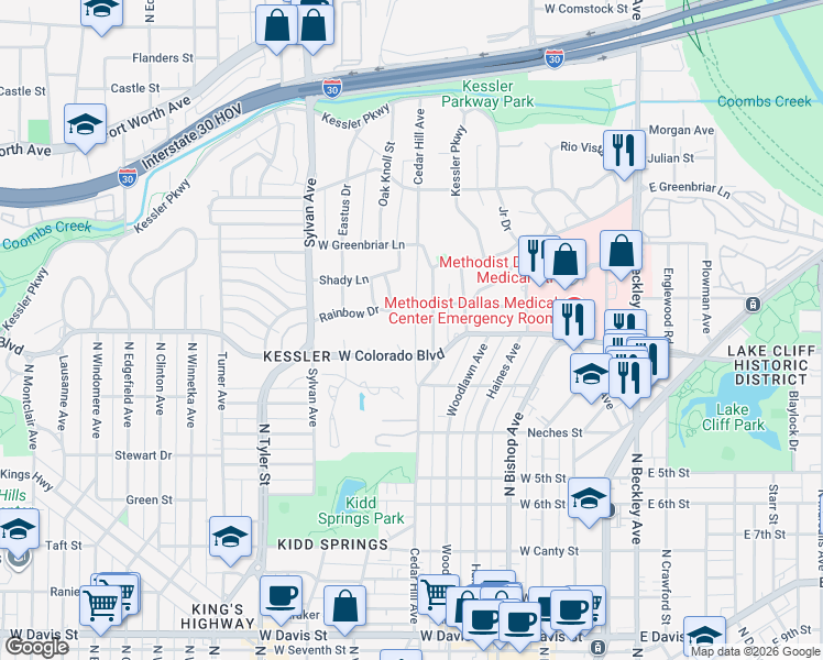 map of restaurants, bars, coffee shops, grocery stores, and more near 1400 Yakimo Drive in Dallas