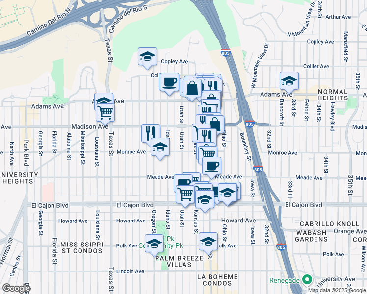 map of restaurants, bars, coffee shops, grocery stores, and more near 4509 Utah Street in San Diego