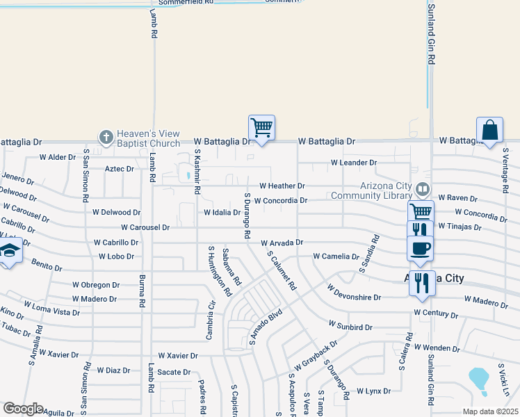map of restaurants, bars, coffee shops, grocery stores, and more near 10548 West Concordia Drive in Arizona City