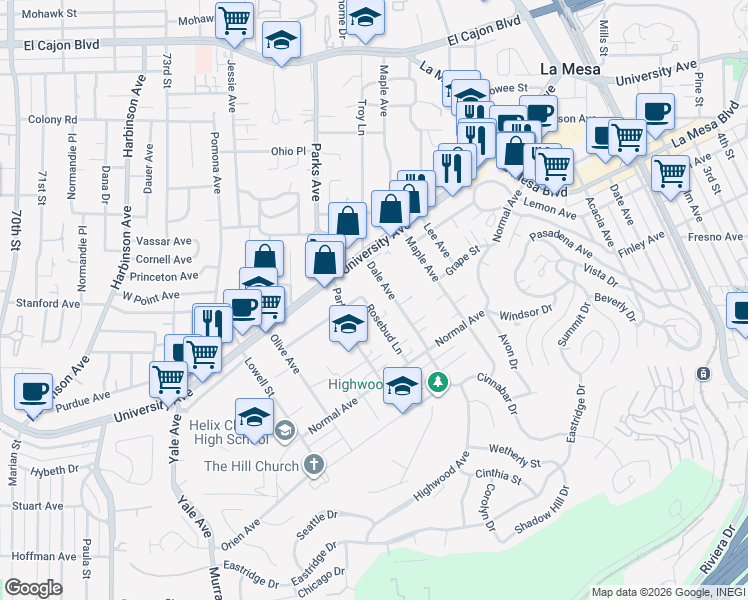 map of restaurants, bars, coffee shops, grocery stores, and more near 4460 Dale Avenue in La Mesa