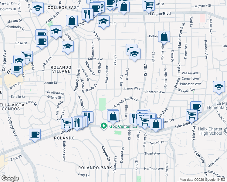 map of restaurants, bars, coffee shops, grocery stores, and more near 4515 68th Street in La Mesa