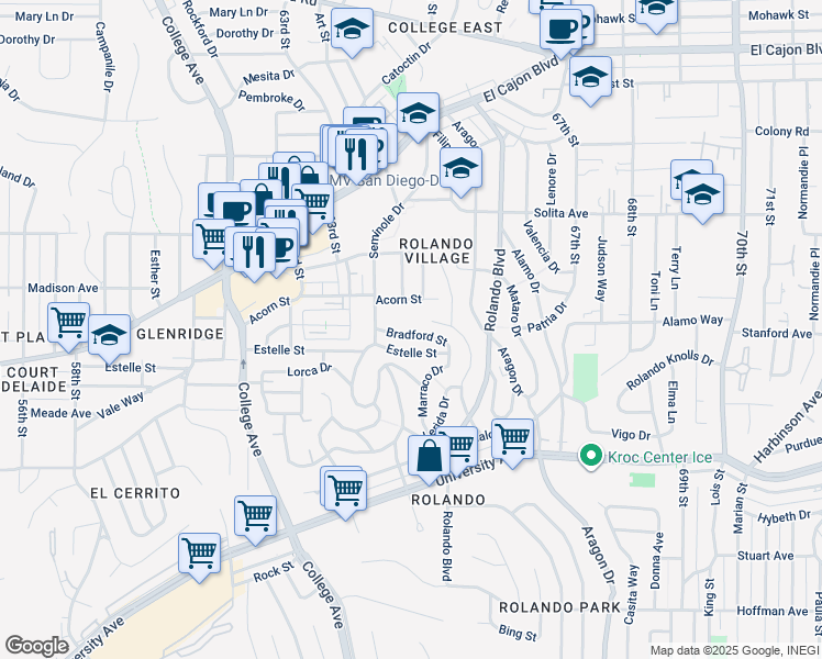 map of restaurants, bars, coffee shops, grocery stores, and more near 6501 Acorn Street in San Diego