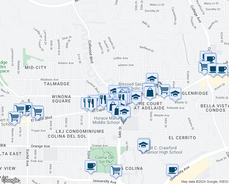 map of restaurants, bars, coffee shops, grocery stores, and more near 4533 54th Street in San Diego