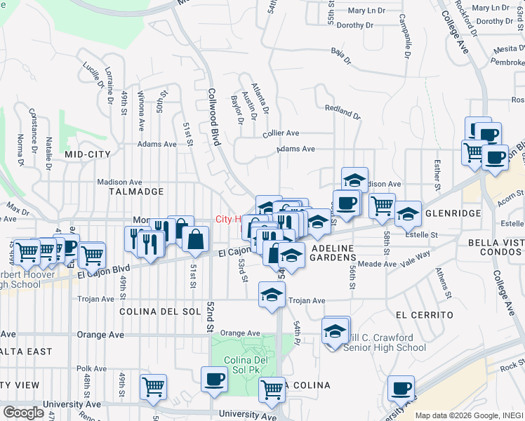 map of restaurants, bars, coffee shops, grocery stores, and more near in San Diego
