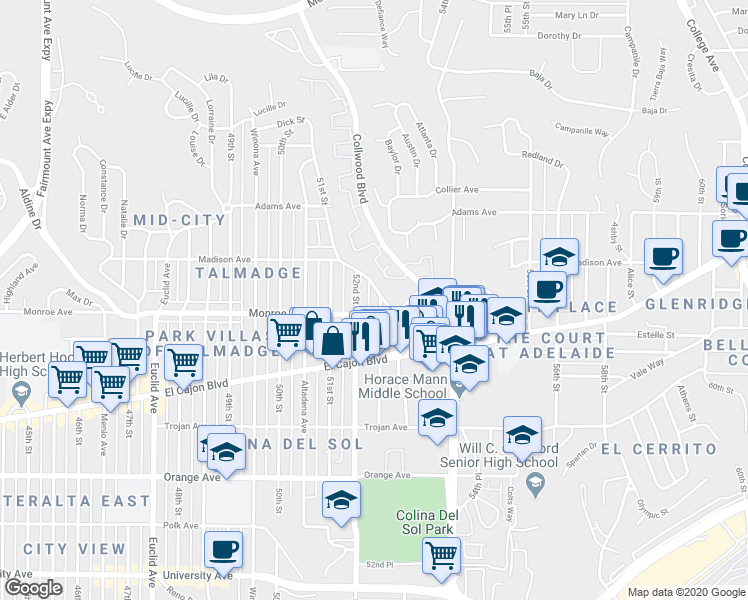 map of restaurants, bars, coffee shops, grocery stores, and more near 4545 Contour Boulevard in San Diego