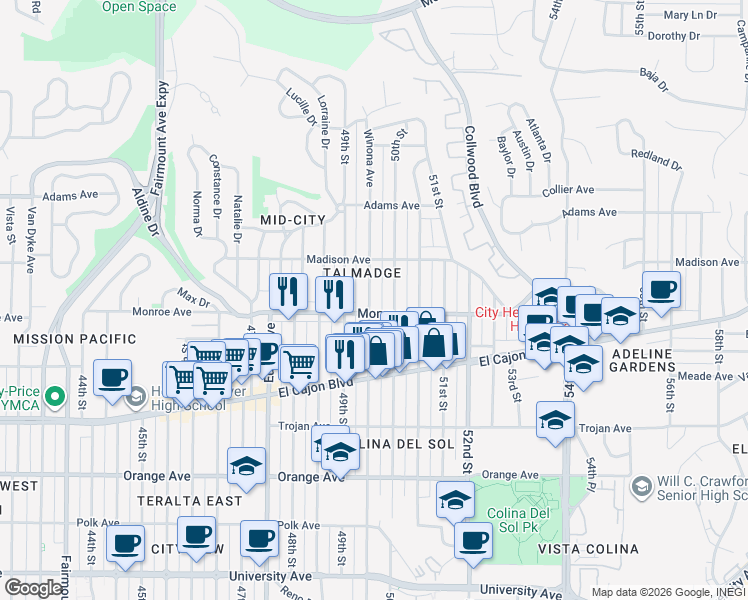 map of restaurants, bars, coffee shops, grocery stores, and more near 4554 50th Street in San Diego