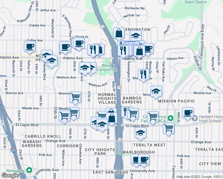 map of restaurants, bars, coffee shops, grocery stores, and more near 4544 40th Street in San Diego