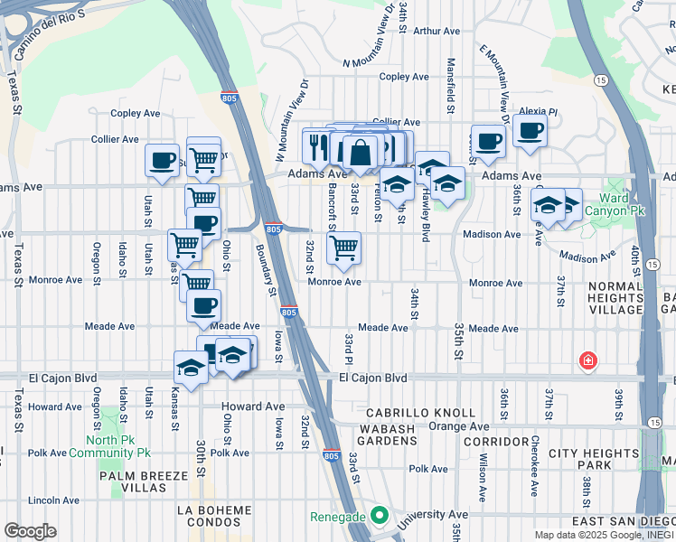 map of restaurants, bars, coffee shops, grocery stores, and more near 4550 33rd Street in San Diego