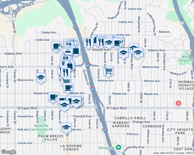 map of restaurants, bars, coffee shops, grocery stores, and more near 4557 Iowa Street in San Diego