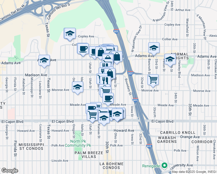 map of restaurants, bars, coffee shops, grocery stores, and more near 4542 30th Street in San Diego