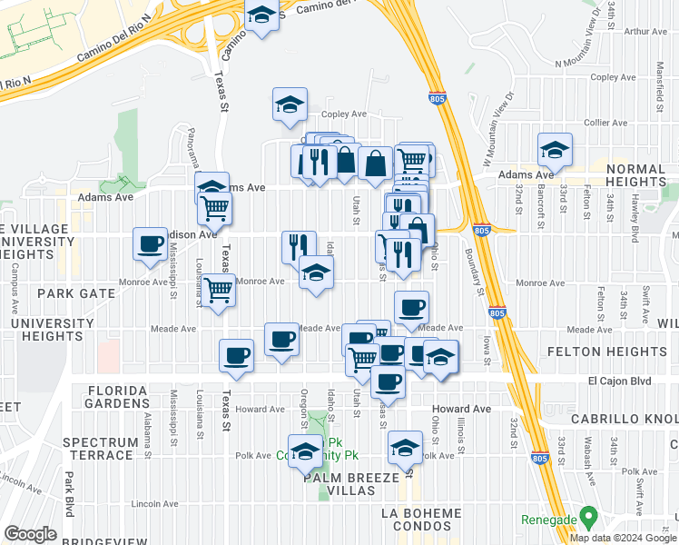 map of restaurants, bars, coffee shops, grocery stores, and more near 4533 Idaho Street in San Diego