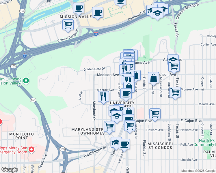 map of restaurants, bars, coffee shops, grocery stores, and more near 4545 Campus Avenue in San Diego