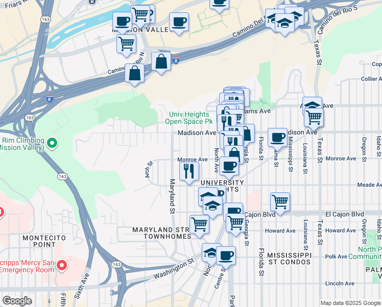 map of restaurants, bars, coffee shops, grocery stores, and more near 4543 Cleveland Avenue in San Diego