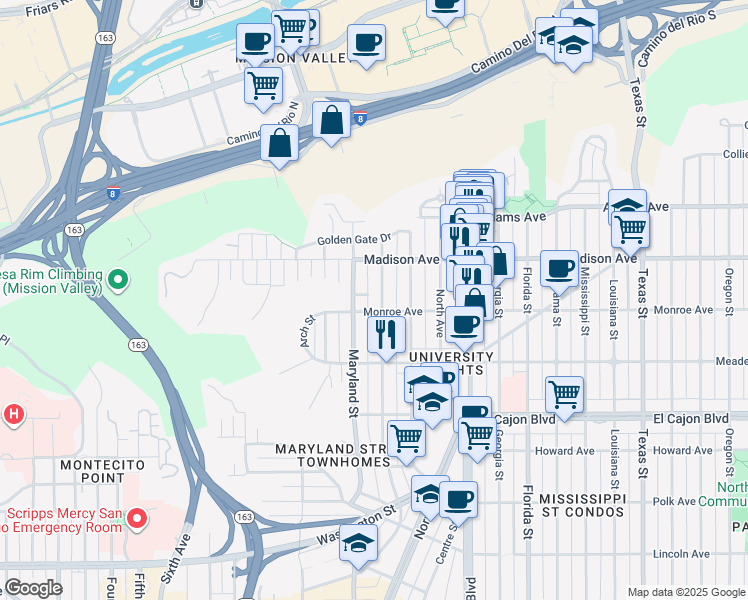 map of restaurants, bars, coffee shops, grocery stores, and more near 4543 Cleveland Avenue in San Diego
