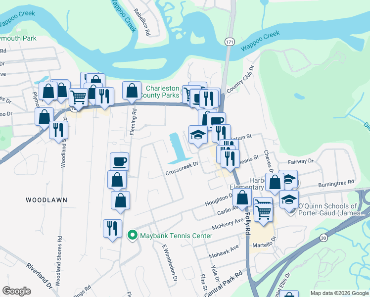 map of restaurants, bars, coffee shops, grocery stores, and more near 11 Town Park Lane in Charleston