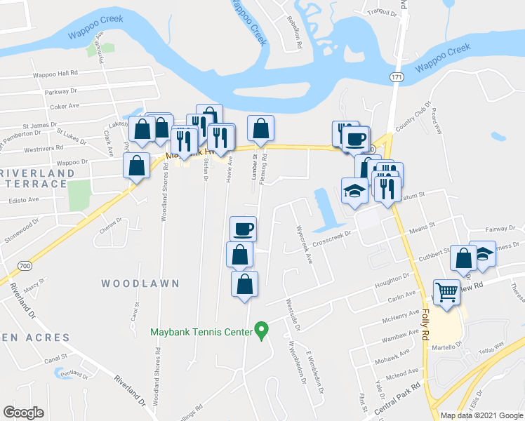 map of restaurants, bars, coffee shops, grocery stores, and more near 247 Fleming Road in Charleston