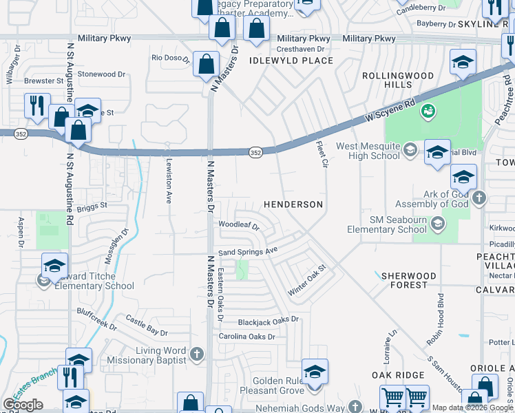 map of restaurants, bars, coffee shops, grocery stores, and more near 2716 Briarbank Circle in Dallas