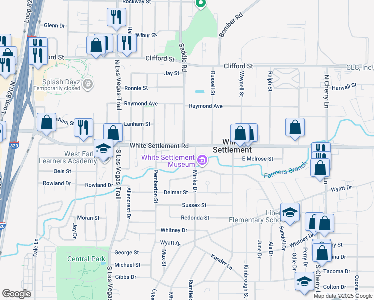 map of restaurants, bars, coffee shops, grocery stores, and more near 8332 White Settlement Road in White Settlement