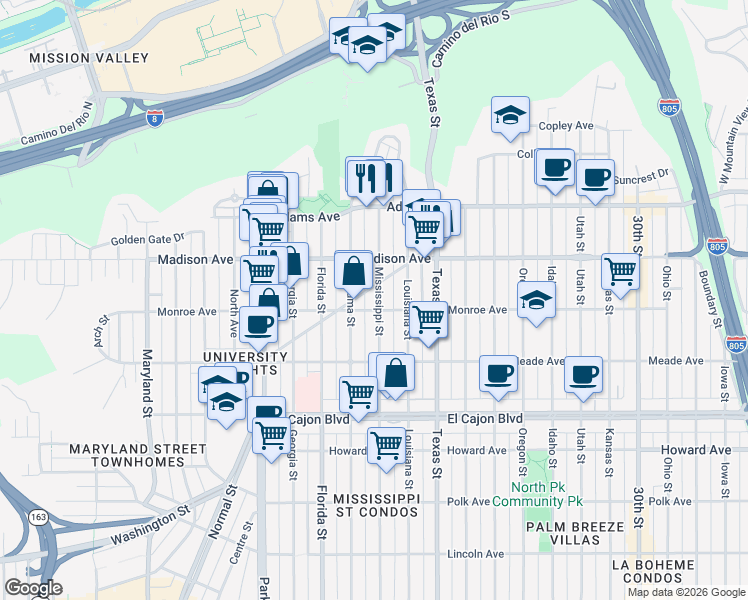map of restaurants, bars, coffee shops, grocery stores, and more near 4520 Mississippi Street in San Diego