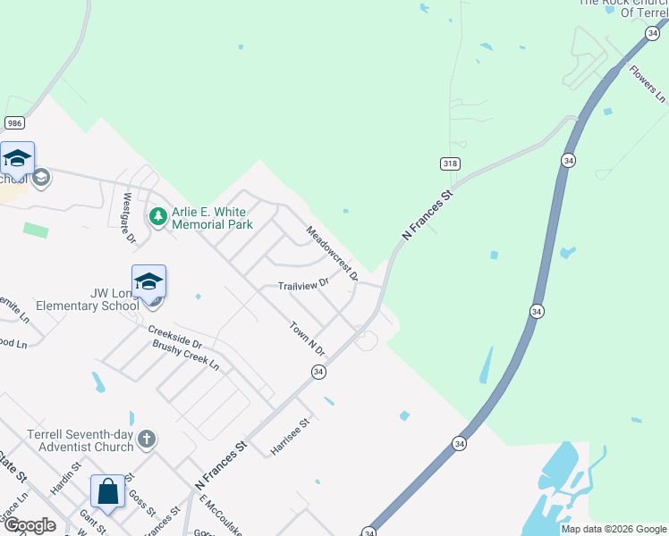 map of restaurants, bars, coffee shops, grocery stores, and more near 228 Meadowcrest Drive in Terrell