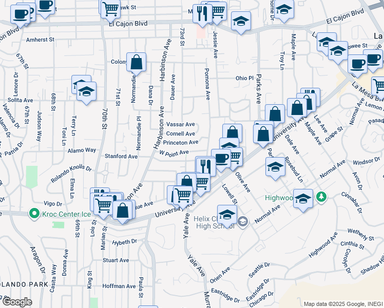 map of restaurants, bars, coffee shops, grocery stores, and more near 7337 West Point Avenue in La Mesa