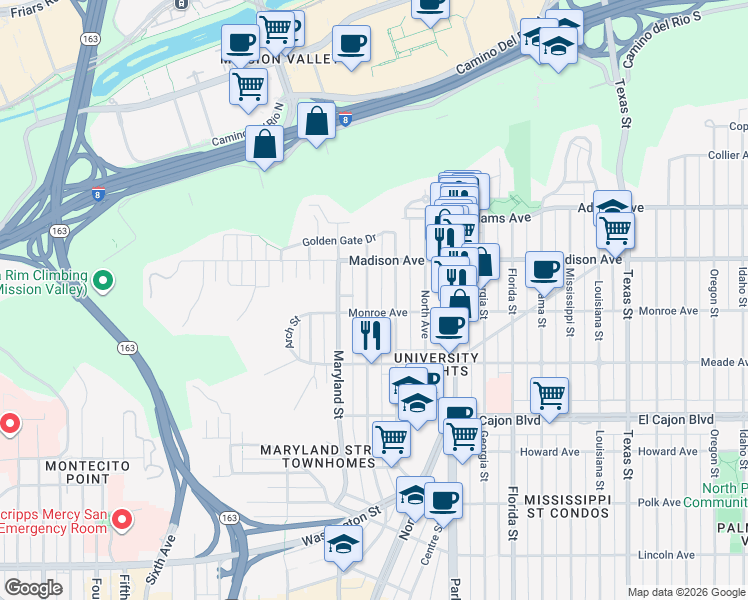 map of restaurants, bars, coffee shops, grocery stores, and more near 4543 Cleveland Avenue in San Diego