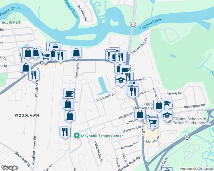map of restaurants, bars, coffee shops, grocery stores, and more near 11 Town Park Lane in Charleston