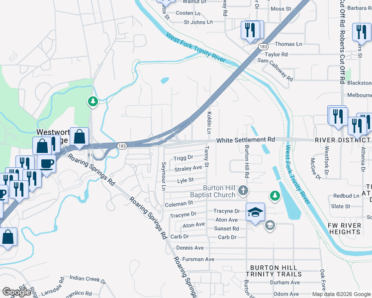 map of restaurants, bars, coffee shops, grocery stores, and more near 5814 White Settlement Road in Westworth Village
