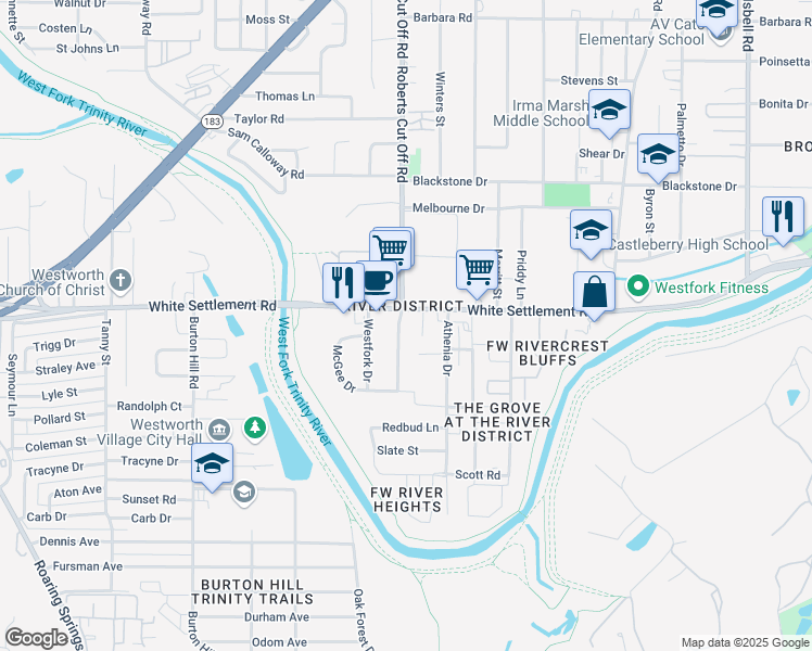 map of restaurants, bars, coffee shops, grocery stores, and more near 109 South Roberts Cut Off Road in Fort Worth