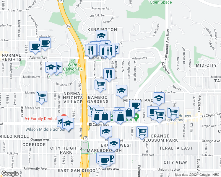 map of restaurants, bars, coffee shops, grocery stores, and more near 4529 Edgeware Road in San Diego