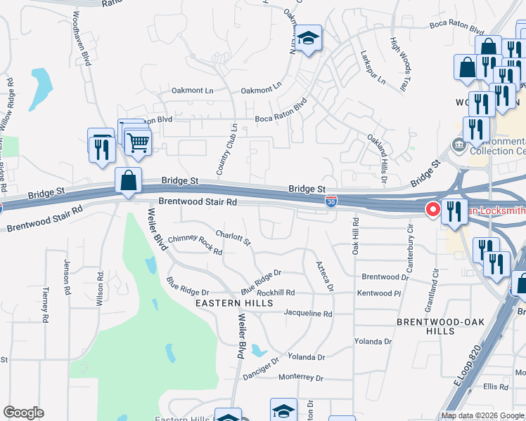 map of restaurants, bars, coffee shops, grocery stores, and more near 5802 Meadow Wood Ln in Fort Worth