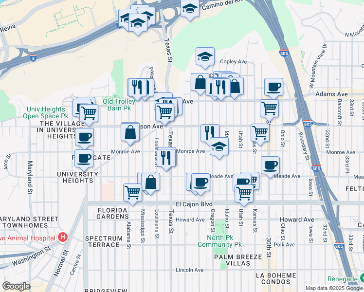 map of restaurants, bars, coffee shops, grocery stores, and more near 4518 Arizona Street in San Diego