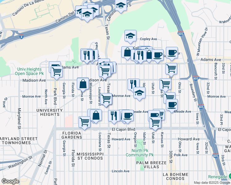map of restaurants, bars, coffee shops, grocery stores, and more near 4518 Arizona Street in San Diego