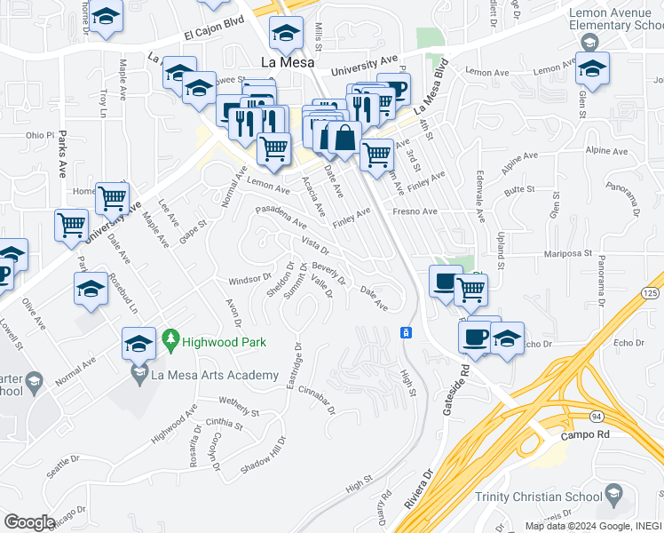 map of restaurants, bars, coffee shops, grocery stores, and more near 4427 Beverly Drive in La Mesa