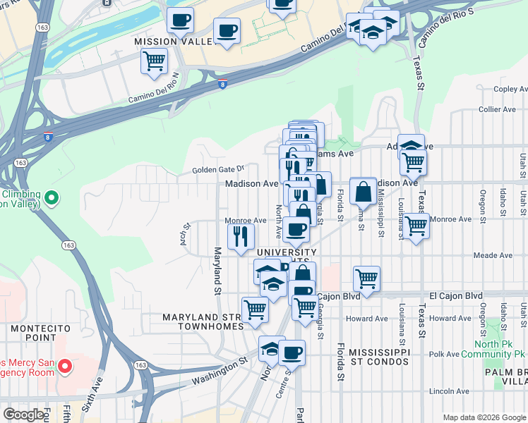 map of restaurants, bars, coffee shops, grocery stores, and more near 4545 Campus Avenue in San Diego