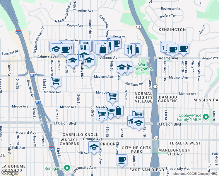 map of restaurants, bars, coffee shops, grocery stores, and more near 4546 36th Street in San Diego