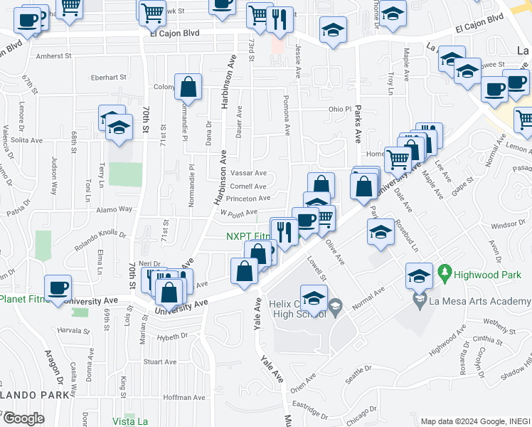 map of restaurants, bars, coffee shops, grocery stores, and more near 7337 West Point Avenue in La Mesa