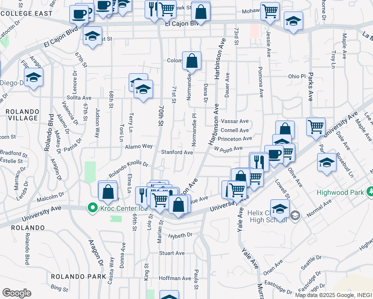 map of restaurants, bars, coffee shops, grocery stores, and more near 7118 Stanford Avenue in La Mesa