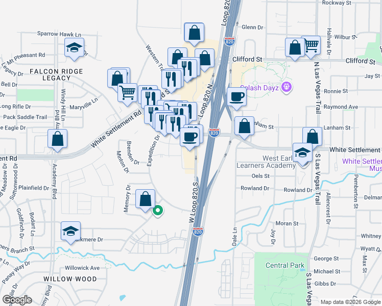 map of restaurants, bars, coffee shops, grocery stores, and more near 132 West Loop 820 South in Fort Worth