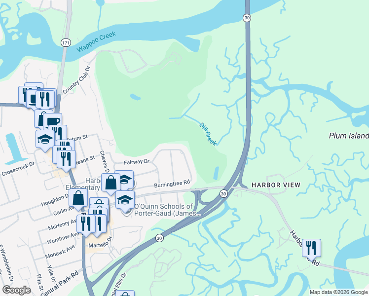map of restaurants, bars, coffee shops, grocery stores, and more near 1433 Burningtree Road in Charleston