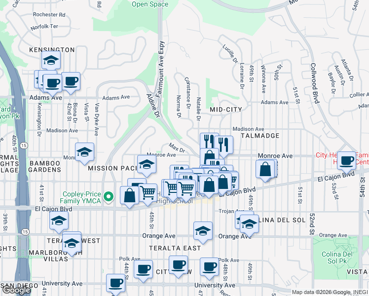 map of restaurants, bars, coffee shops, grocery stores, and more near 4542 Norma Drive in San Diego