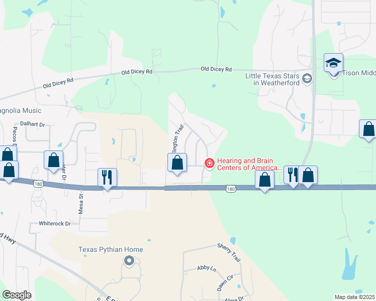 map of restaurants, bars, coffee shops, grocery stores, and more near 222 Whitestone Way in Weatherford