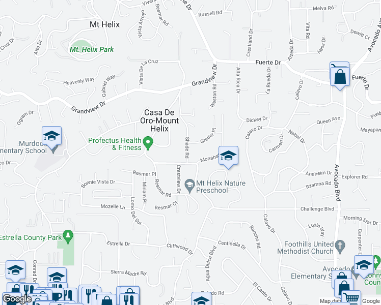 map of restaurants, bars, coffee shops, grocery stores, and more near 4431 Shade Road in La Mesa