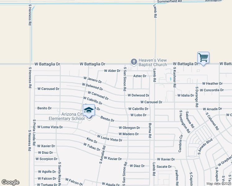 map of restaurants, bars, coffee shops, grocery stores, and more near 11679 West Jenero Drive in Arizona City